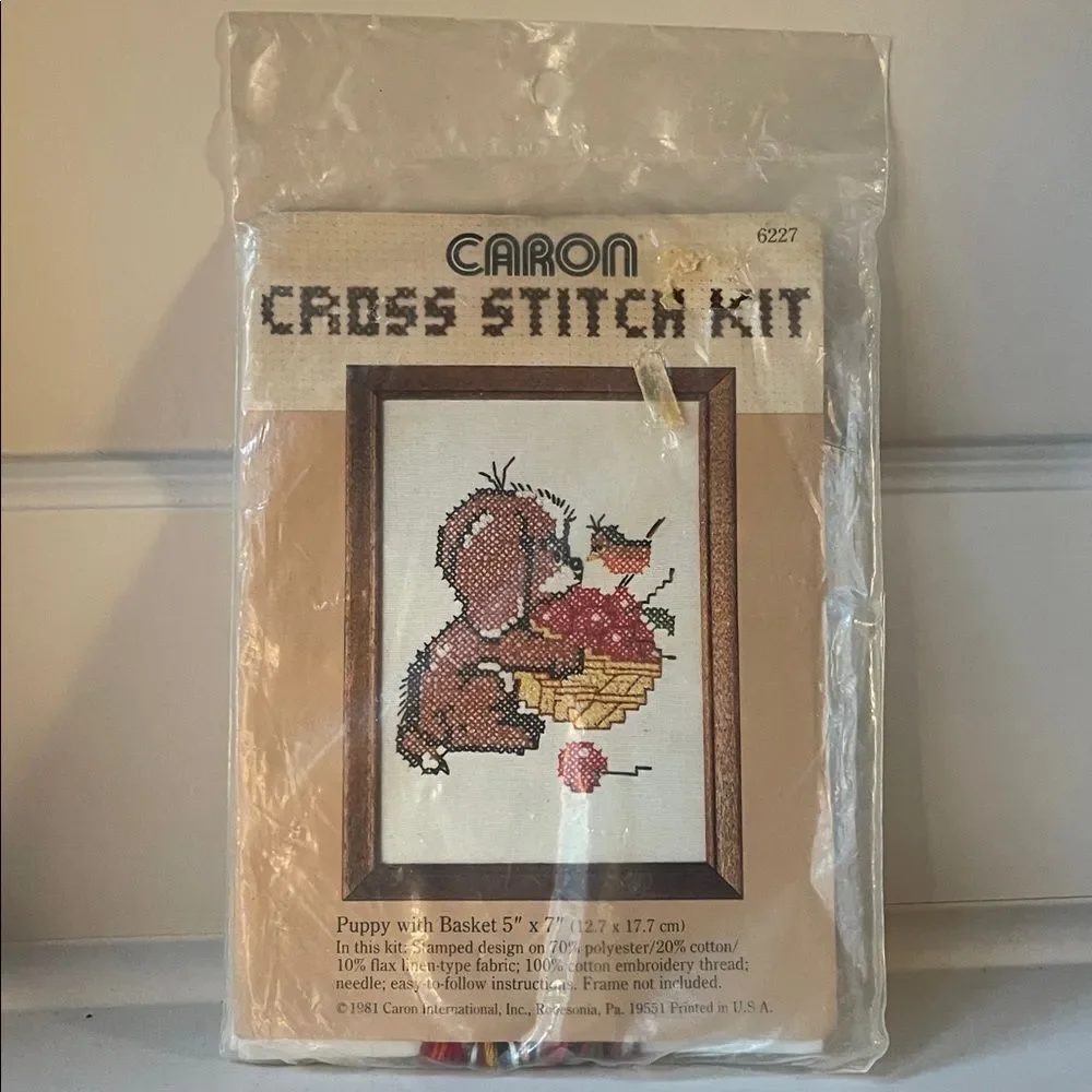 Vintage 1981 Caron Cross Stitch Kit 6227 Puppy Basket 5x7 Sealed NOS
